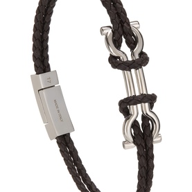 Salvatore Ferragamo Scoob Braided Bracelet in dark brown leather with silver-toned hardware, shackle clasp and logo detail