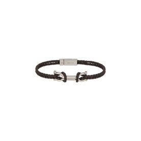 Salvatore Ferragamo Scoob Braided Bracelet in dark brown leather with silver-toned anchor hardware clasp and double-strand braided design.
