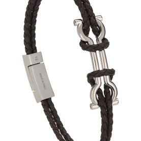 Salvatore Ferragamo Scoob Braided Bracelet in dark brown leather with double-wrap braid and silver-toned Gancini clasp hardware
