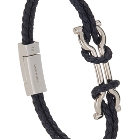 Salvatore Ferragamo Scoob Braided Bracelet in ocean blue leather with silver-toned Gancini hardware clasp and adjustable fit
