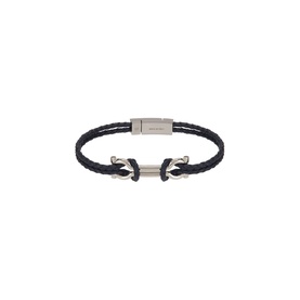 Salvatore Ferragamo Scoob Braided Bracelet in ocean blue leather with silver-toned anchor hardware clasp and logo detail.