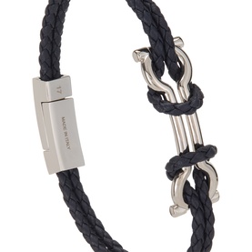 Salvatore Ferragamo Scoob Braided Bracelet in ocean blue leather with silver-toned hook clasp and logo hardware detail