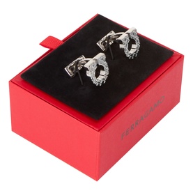 Salvatore Ferragamo silver brass cufflinks with crystal embellishment, presented in a signature red gift box with black velvet interior.