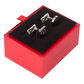 Salvatore Ferragamo silver and black stone brass cufflinks displayed in a red gift box with black foam insert