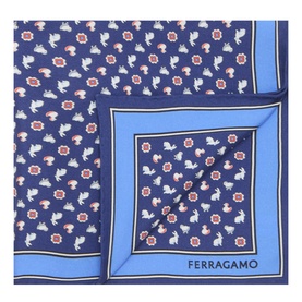 Salvatore Ferragamo blue silk pocket square with rabbit and floral print, navy border and light blue contrast edge panel
