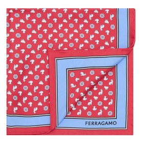 Salvatore Ferragamo pink silk pocket square with light blue border and all-over animal and floral print pattern.