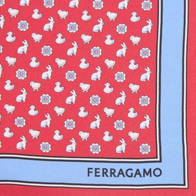 Salvatore Ferragamo pink silk pocket square with white rabbit and duck print on red ground, light blue border