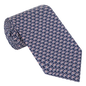 Salvatore Ferragamo navy blue silk tie with all-over geometric repeat pattern in pink and white