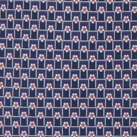 Salvatore Ferragamo silk tie in navy blue with repeat floral and geometric pattern in red and white