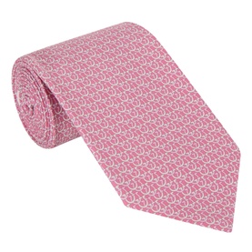 Salvatore Ferragamo pink silk tie with allover interlocking ring print pattern, rolled to display full width and texture.