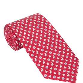 Salvatore Ferragamo silk tie in rosso red with bluette and white squirrel and floral print, rolled to show pattern detail