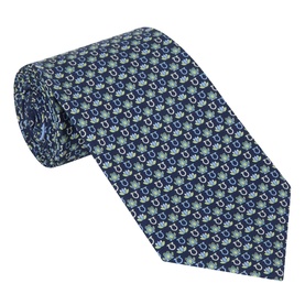 Salvatore Ferragamo silk tie in navy blue with allover small floral and Gancini print pattern, rolled display