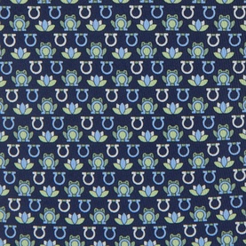 Salvatore Ferragamo silk tie in marine blue with repeated frog and Gancini motif pattern in green and light blue