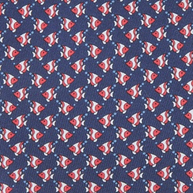 Salvatore Ferragamo Cyrus Fish Silk Tie in dark blue and red, all-over clownfish print, 100% silk, pointed tip