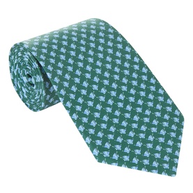 Green silk tie with allover light blue turtle print, rolled to display pattern and fabric texture