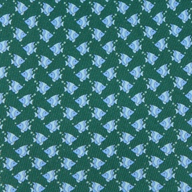 Green silk tie with allover light blue tropical fish print pattern