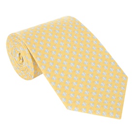 Salvatore Ferragamo Cyrus Fish Silk Tie in yellow, featuring an all-over fish print pattern, 100% silk with pointed tip