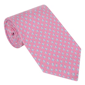Salvatore Ferragamo pink silk tie with repeating small light blue novelty print pattern, rolled display