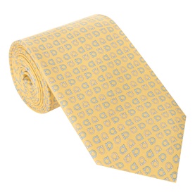 Salvatore Ferragamo Capitano Logo Silk Tie in yellow, rolled, featuring an all-over monogram logo pattern in silver-grey on 100% silk.