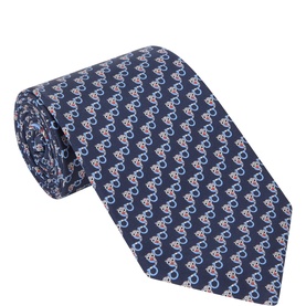 Salvatore Ferragamo navy silk tie with all-over bicycle print pattern in light blue and red tones, rolled presentation