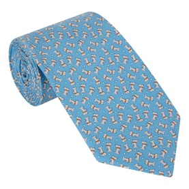 Salvatore Ferragamo blue silk tie with all-over small animal print pattern, rolled to show full length and texture