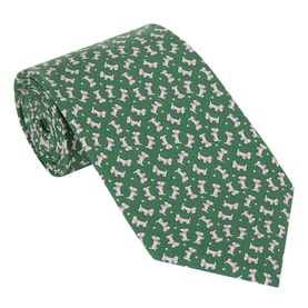 Salvatore Ferragamo green silk tie with allover terrier dog print, rolled to show pattern detail