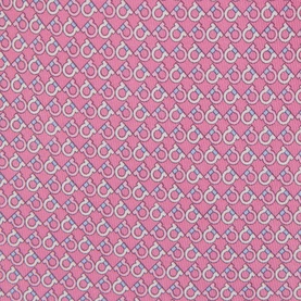 Salvatore Ferragamo pink silk tie with repeat small horseshoe-bit print in white and blue on diamond lattice pattern.