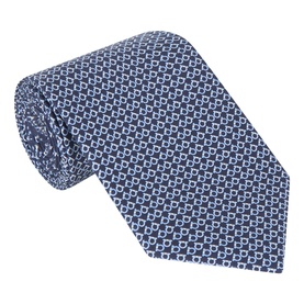 Salvatore Ferragamo navy silk tie with all-over geometric Gancini pattern in white and light blue tones.