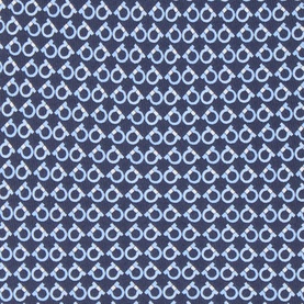 Salvatore Ferragamo navy silk tie with allover light blue Gancini print repeat pattern.
