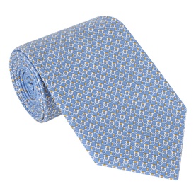 Salvatore Ferragamo blue silk tie with small repeating Gancini motif pattern, rolled to display full width and texture.