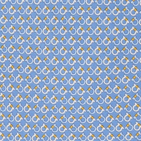 Salvatore Ferragamo blue silk tie with repeating horseshoe and gold bar print pattern across fabric