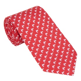 Salvatore Ferragamo red silk tie with all-over white bird print pattern, rolled to show width and texture.