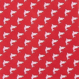 Salvatore Ferragamo red silk tie with allover repeat white dolphin print pattern.