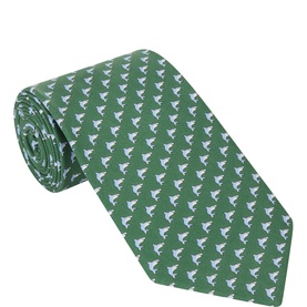 Salvatore Ferragamo dark green silk tie with repeat white bird motif, rolled to show texture and pattern detail.