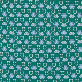 Salvatore Ferragamo green silk tie with repeating frog and lotus flower print pattern in blue and white.
