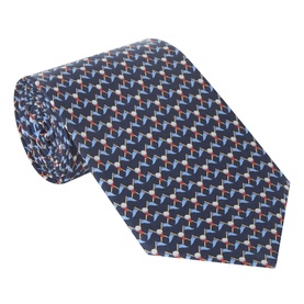 Salvatore Ferragamo Club Golf Silk Tie in navy, 100% silk with geometric golf-motif pattern in blue, red and cream tones.