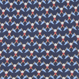 Salvatore Ferragamo Club Golf Silk Tie in navy, 100% silk with repeated golf club and rosette motif pattern on blue wave background.