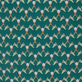 Salvatore Ferragamo silk tie in forest green with repeated gold bow and pearl emblem pattern