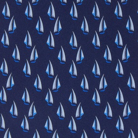 Salvatore Ferragamo dark blue silk tie with allover sailboat print in light blue and white tones