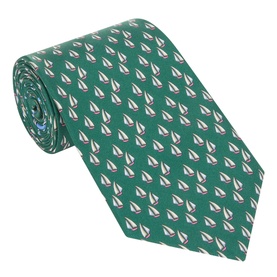 Salvatore Ferragamo green silk tie with all-over white sailboat print, rolled to show width and pattern detail.