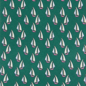 Salvatore Ferragamo green silk tie with allover sailboat print in white and pink tones