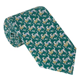 Salvatore Ferragamo Ioga Dog Silk Tie in green with allover dog print pattern, rolled presentation, 100% silk