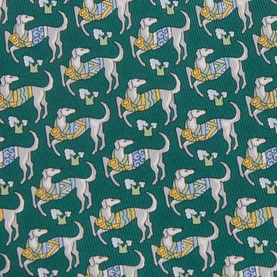 Salvatore Ferragamo Ioga Dog Silk Tie in green, 100% silk with an all-over greyhound dog print in yellow and blue tones.