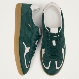 Alohas green suede trainers with white leather panels, lace-up front, and gum rubber sole, overhead view of pair