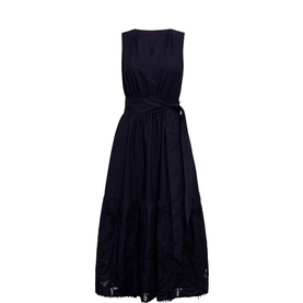 Forever New Evie Embroidered Dress in blue, sleeveless midi with V-neckline, tie waist, and floral embroidery at hem