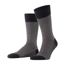 Falke black men's socks with grey geometric houndstooth pattern, black cuff, heel and toe detail