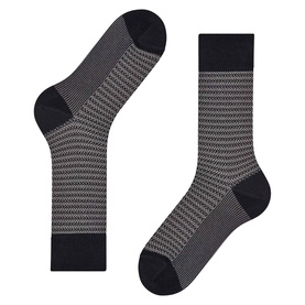 Falke black men's socks with geometric herringbone pattern, dark heel and toe detailing, mid-calf length.