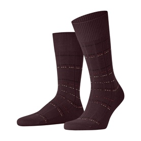 Falke men's socks in Barolo, deep burgundy with subtle tonal checked stripe detail, ribbed cuff, mid-calf length