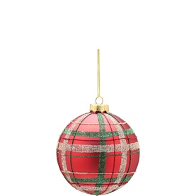 Festive Productions Tartan Glass Ball Tree Decoration 10cm, red, green and gold plaid pattern, glossy glass finish, gold hanging thread