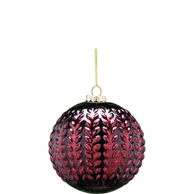 Festive Productions Raised Leaf Glass Ball Tree Decoration 10cm in deep burgundy red with embossed leaf pattern, high-gloss finish, gold hanging loop